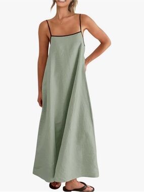 SHY VELVET Summer Beach Boho 100% Linen Sage w Black Straps/Trim Slip Maxi XS